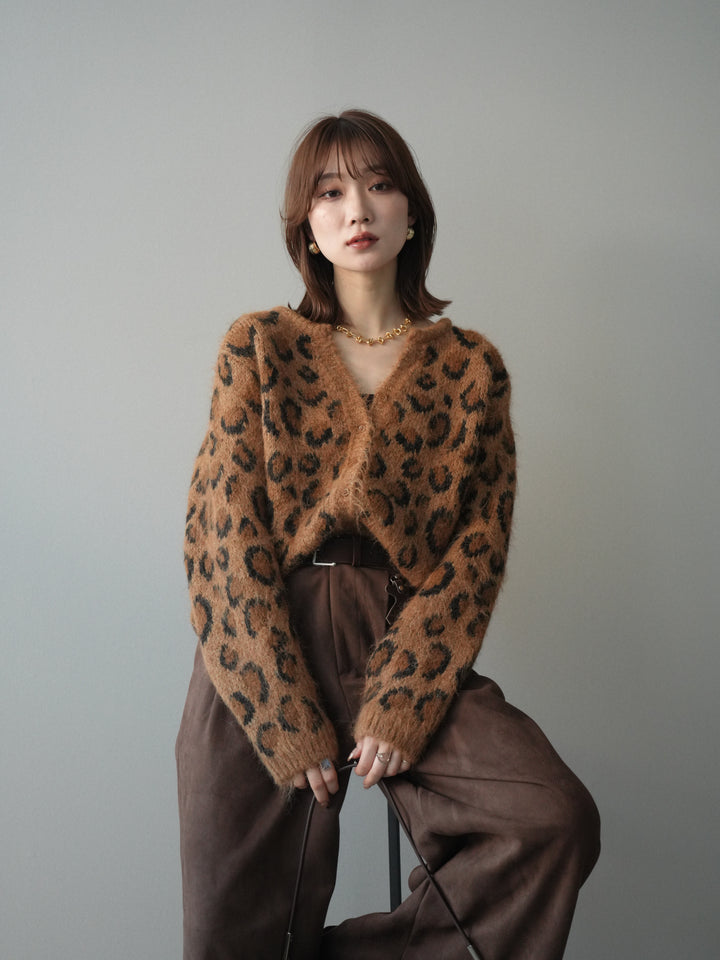[SET]モヘアタッチレオパード柄ニットカーディガン+モチーフベルト付スエードタックワイドパンツ(2set)