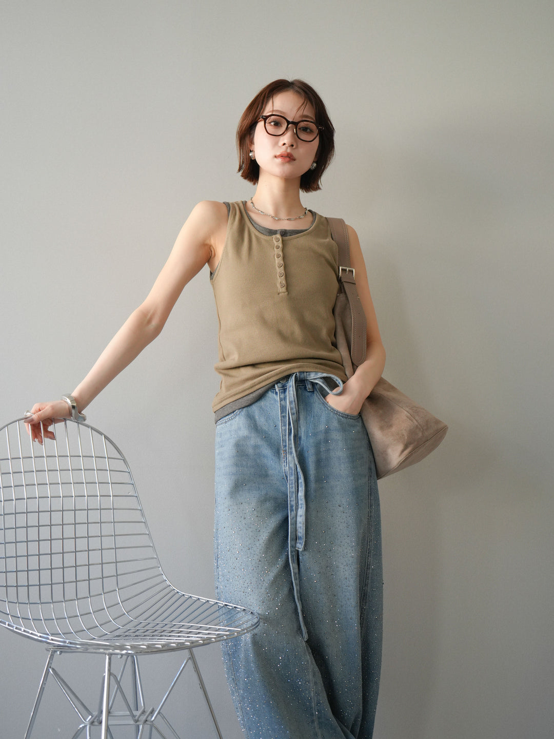 [SET]配色リブヘンリータンクトップ+ウエストベルトビジューワイドデニムパンツ(2set)