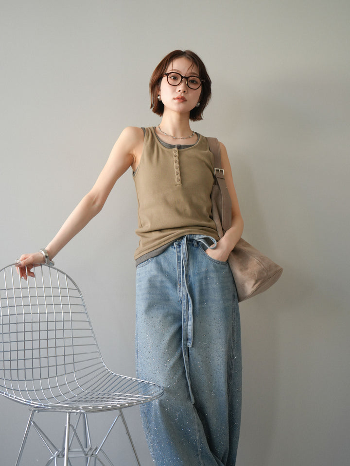 [SET]配色リブヘンリータンクトップ+ウエストベルトビジューワイドデニムパンツ(2set)