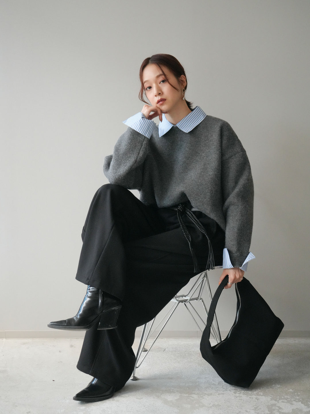 [SET]2WAYストライプ襟ニットプルオーバー+編み込みベルト付きウエスト配色スエットパンツ(2set)