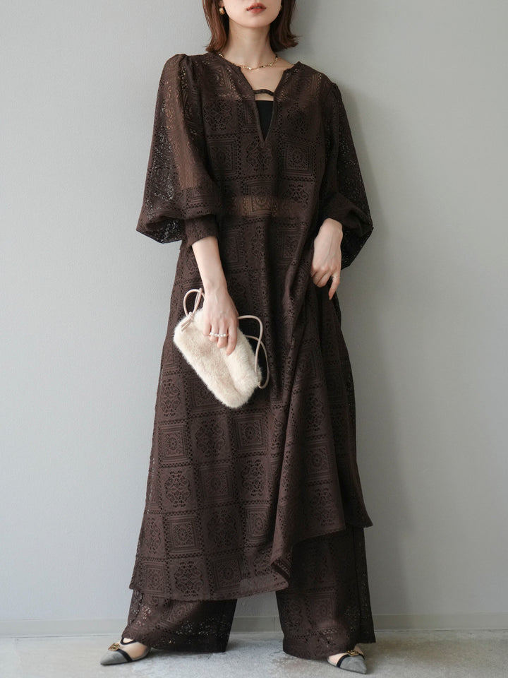 【套裝】塊蕾絲捲袖洋裝+塊蕾絲寬褲（2套）