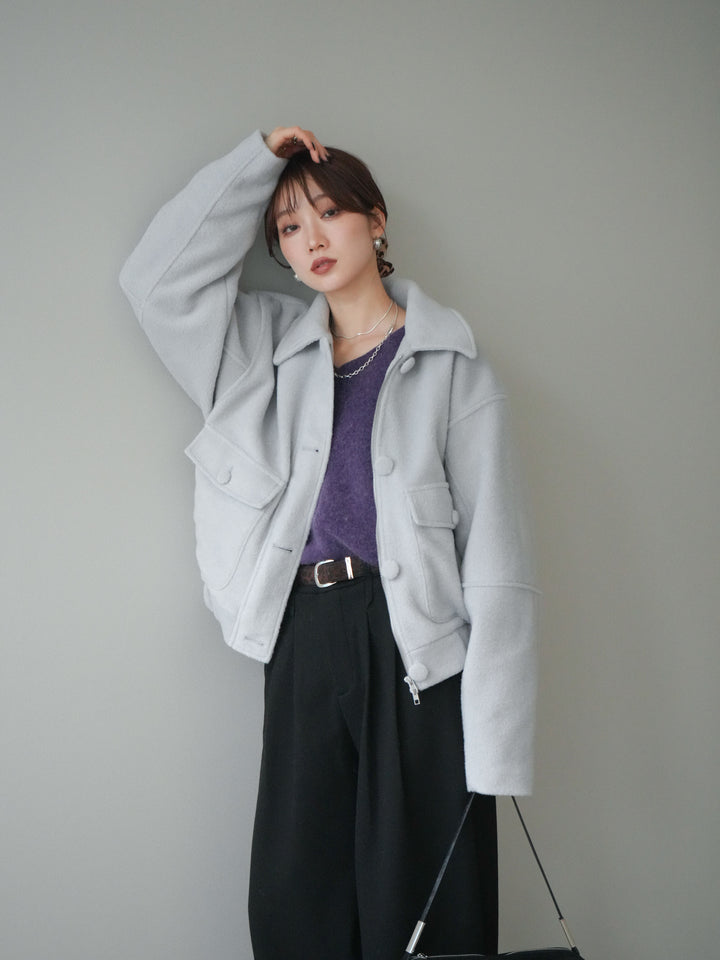 [SET]ウールライクフライトジャケット+シュシュ付きアンゴラタッチVネックニットプルオーバー(2set)