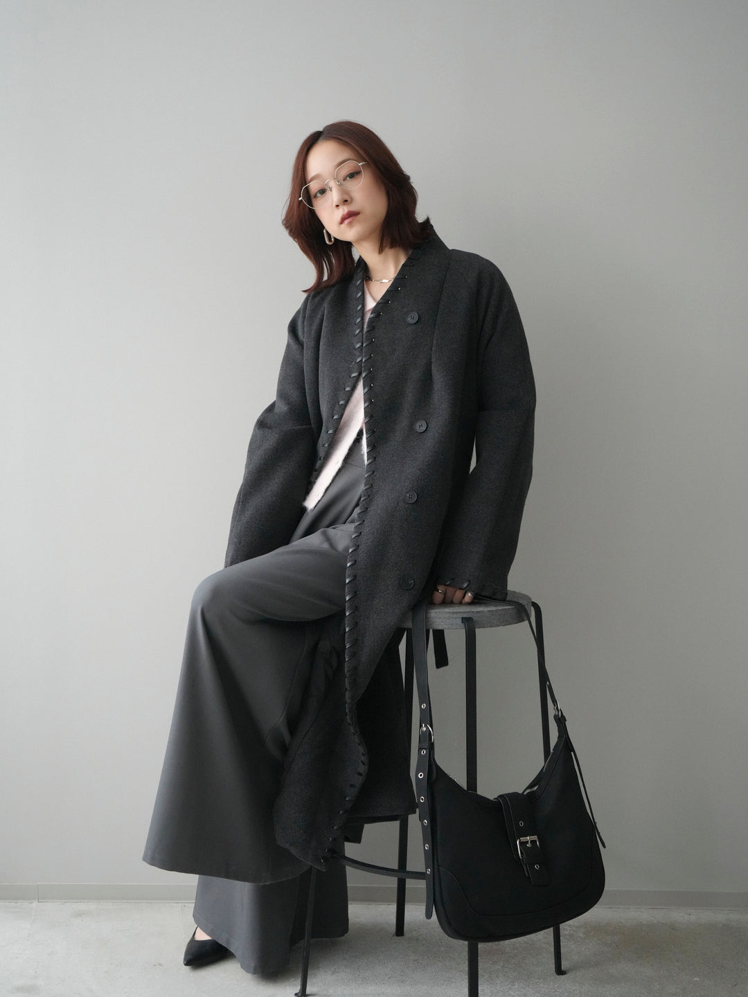 [SET]ハンドステッチ裏中綿ロングコート+テープベルトタックバギーパンツ(2set)