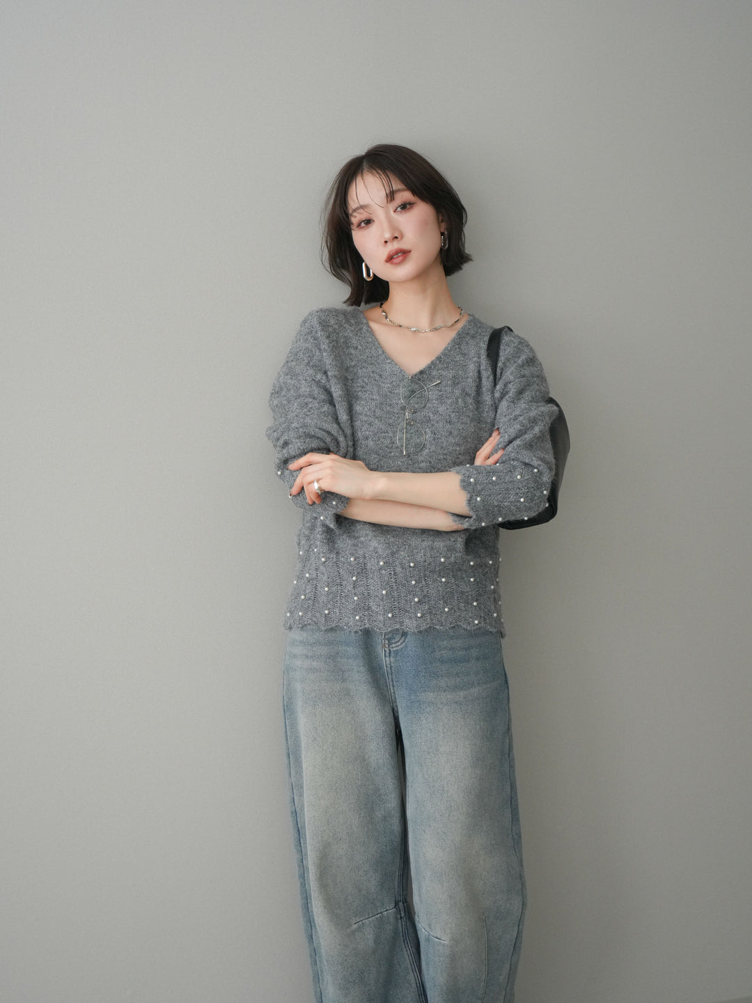 [SET]パールフリルリブヘムニットプルオーバー+選べるアクセセット(2set)