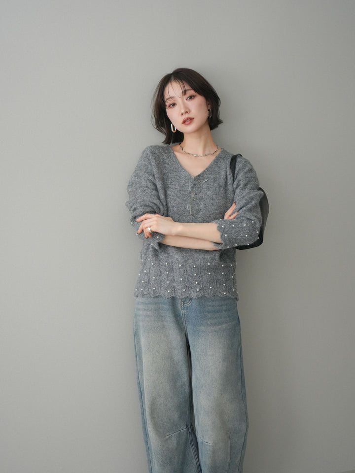 [SET]パールフリルリブヘムニットプルオーバー+選べるアクセセット(2set)