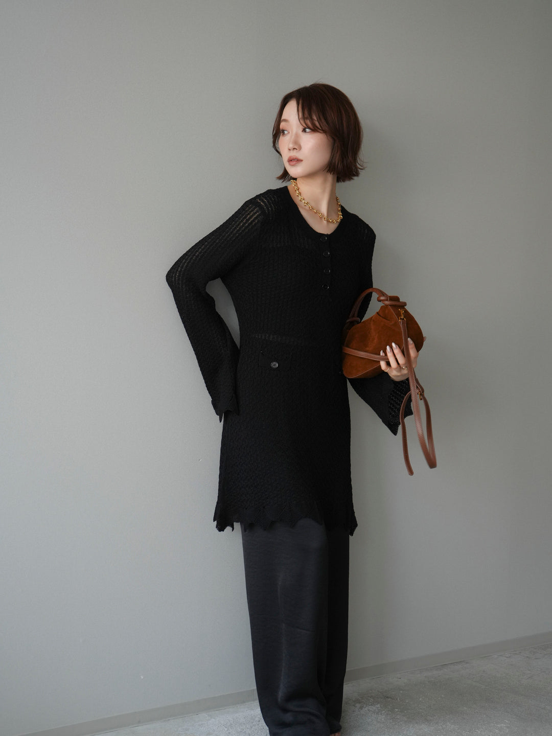 [予約]ヘンリーネックニットチュニック/black