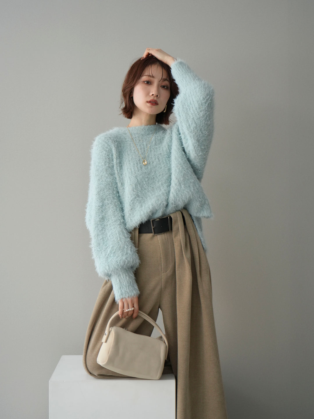 [SET]ボリュームスリーブシャギー MIXニットプルオーバー+選べるアクセセット(2set)