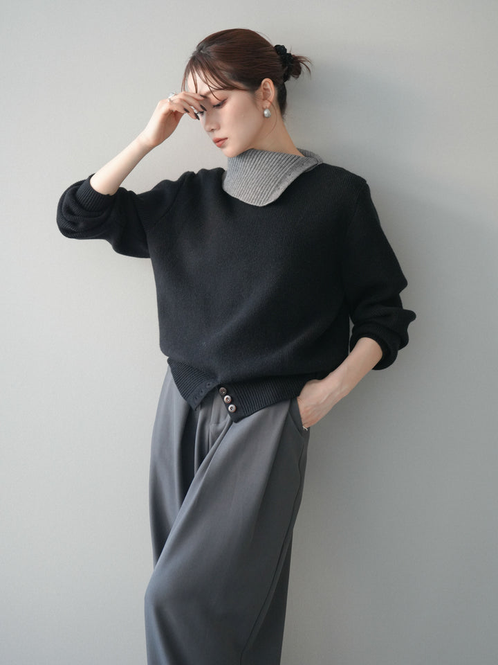[予約]デザインネックバイカラーニットプルオーバー/black