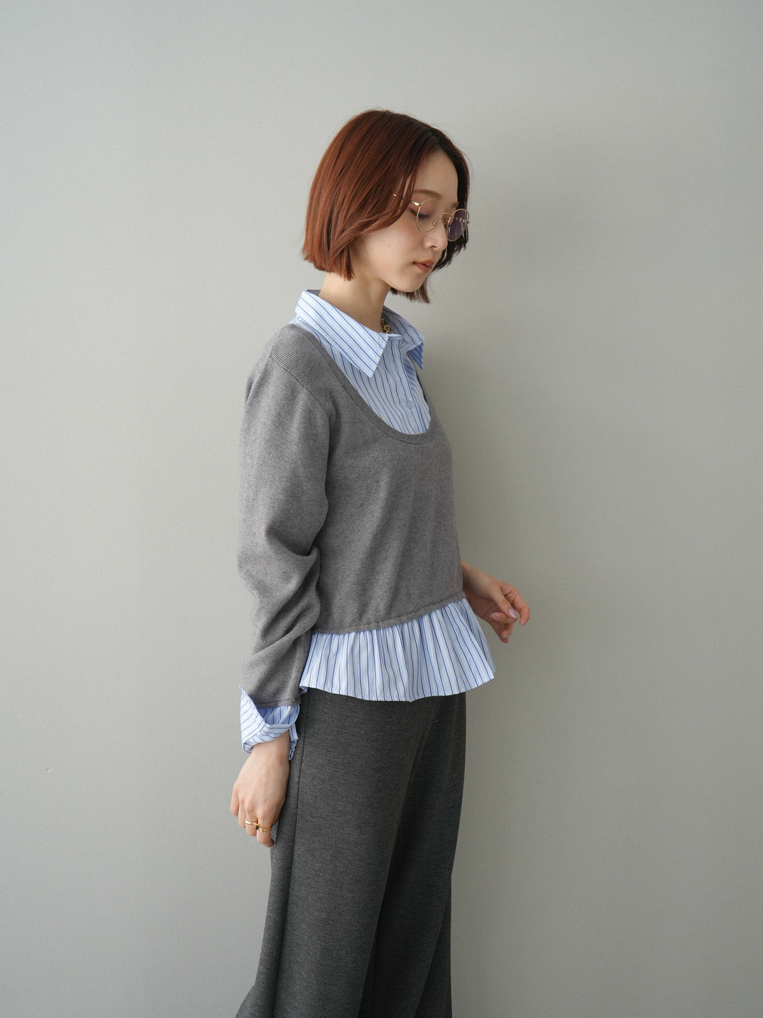 [SET]ストライプシャツUネックドッキングニットプルオーバー+イージーポンチワイドパンツ(2set)