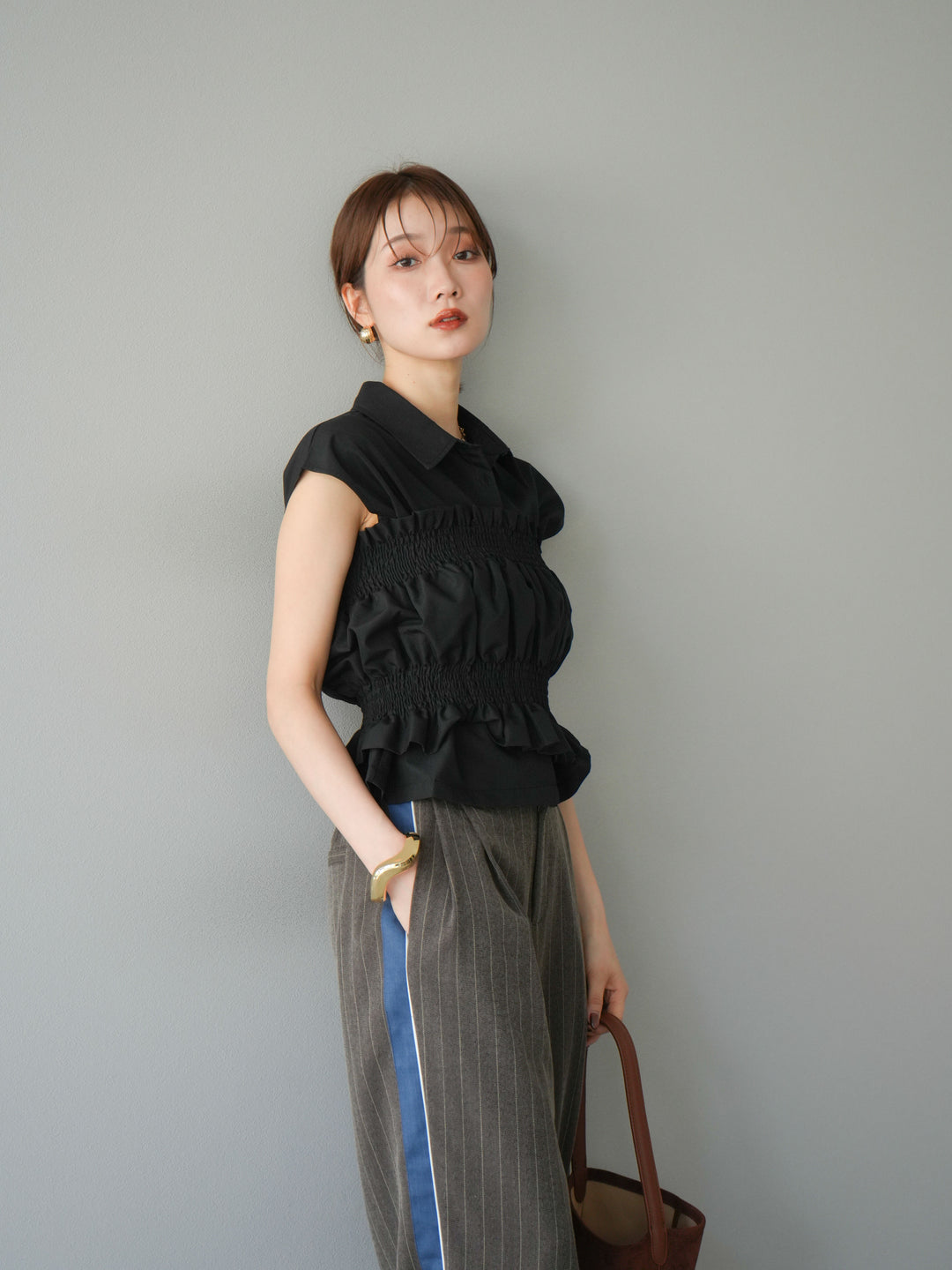 [予約]サイドラインストライプワイドパンツ/ブラウン