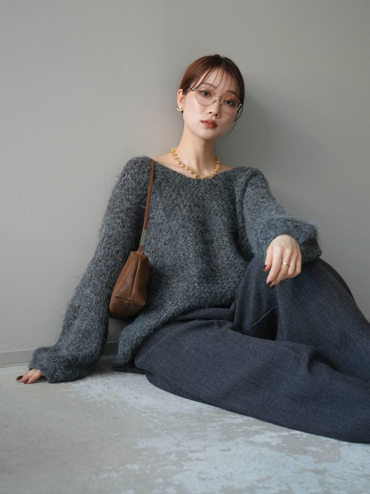 [予約]ウールタッチラメミックスヤーンVネックニットプルオーバー/charcoal