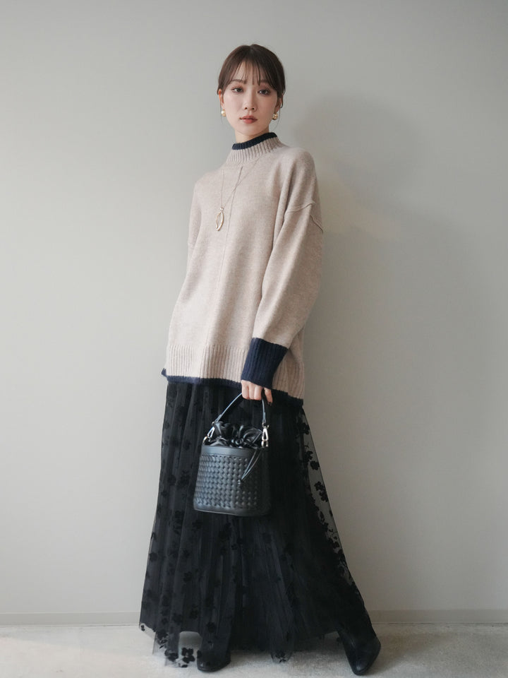 [SET]配色ハイネックニットプルオーバー+フラワーフロッキーチュールプリーツスカート(2set)