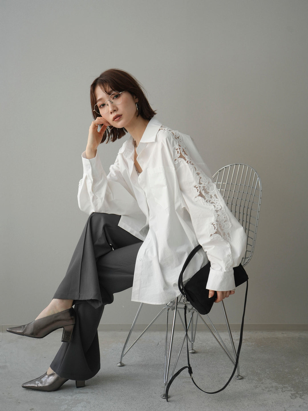 [SET]アームレースブロードシャツ+センターシームフレアパンツ(2set)