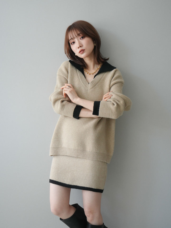 [SET]配色襟ニット＆ミニスカートSET UP(2set)