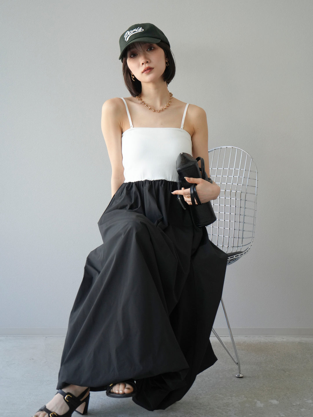 [予約]異素材ドッキングカップ付ベアキャミバルーンワンピース/オフブラック