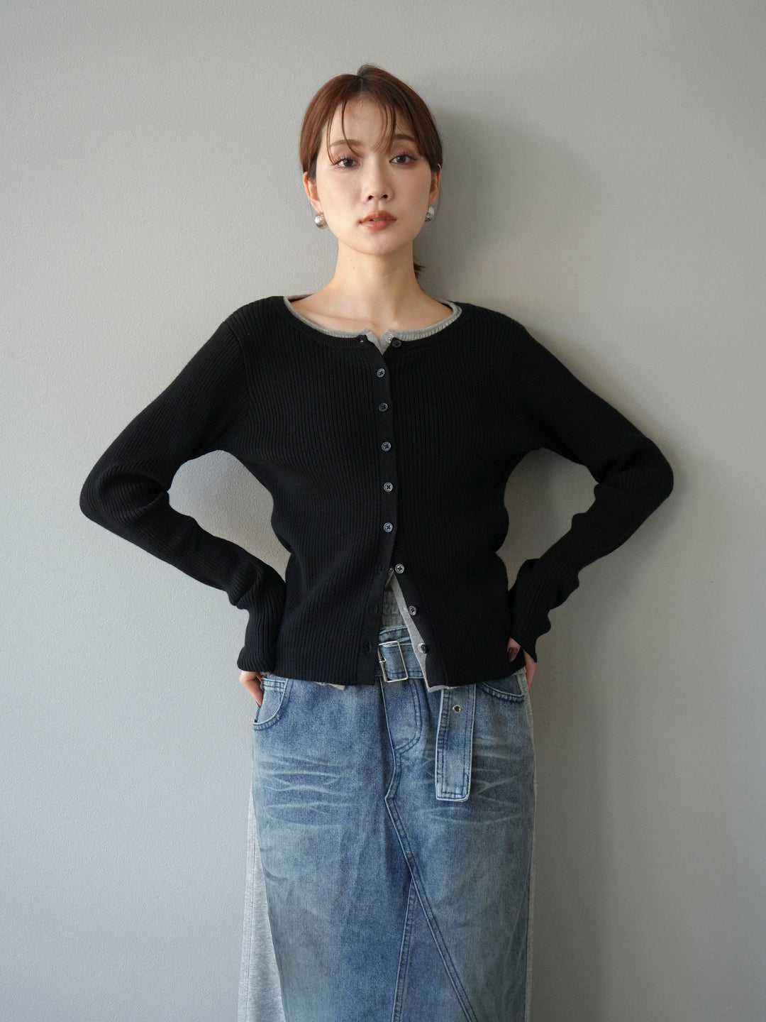 [予約]レイヤード配色ニットカーディガン/ブラック