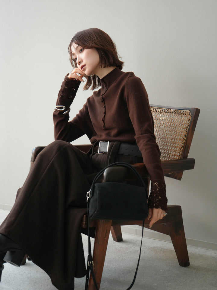 [予約]袖スカラップレースフロントボタンウールニットトップス/brown
