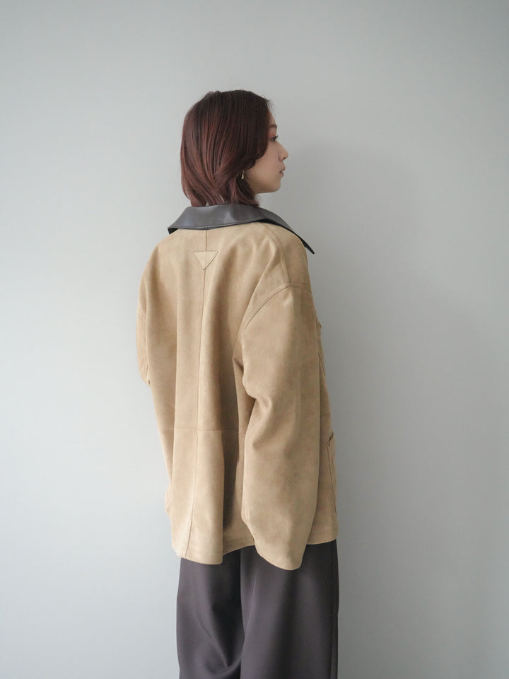 [SET]襟レザーステンカラースエードジャケット+袖ボタンボトルネックリブニットトップス+ベルトループデザインワイドパンツ(3set)