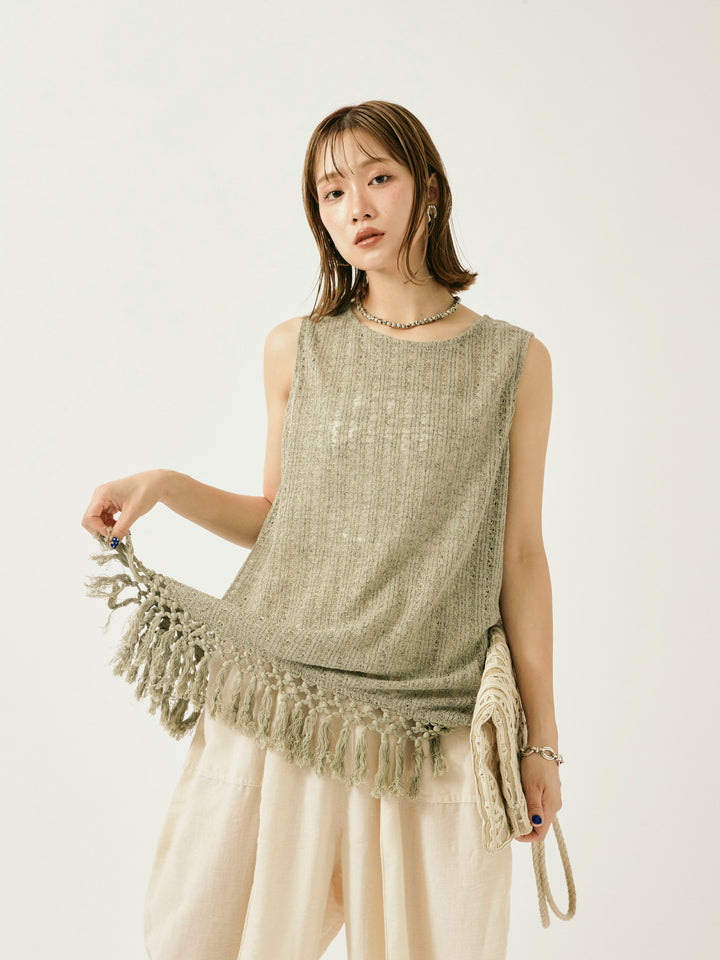 [予約]フリンジ透かし編みニットベスト/カーキ