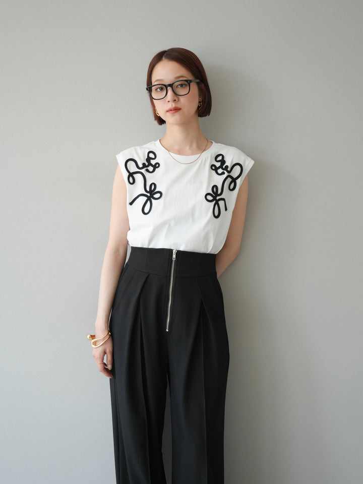 [SET]コード刺繍フレンチスリーブTシャツ+ジップタックワイドパンツ(2set)