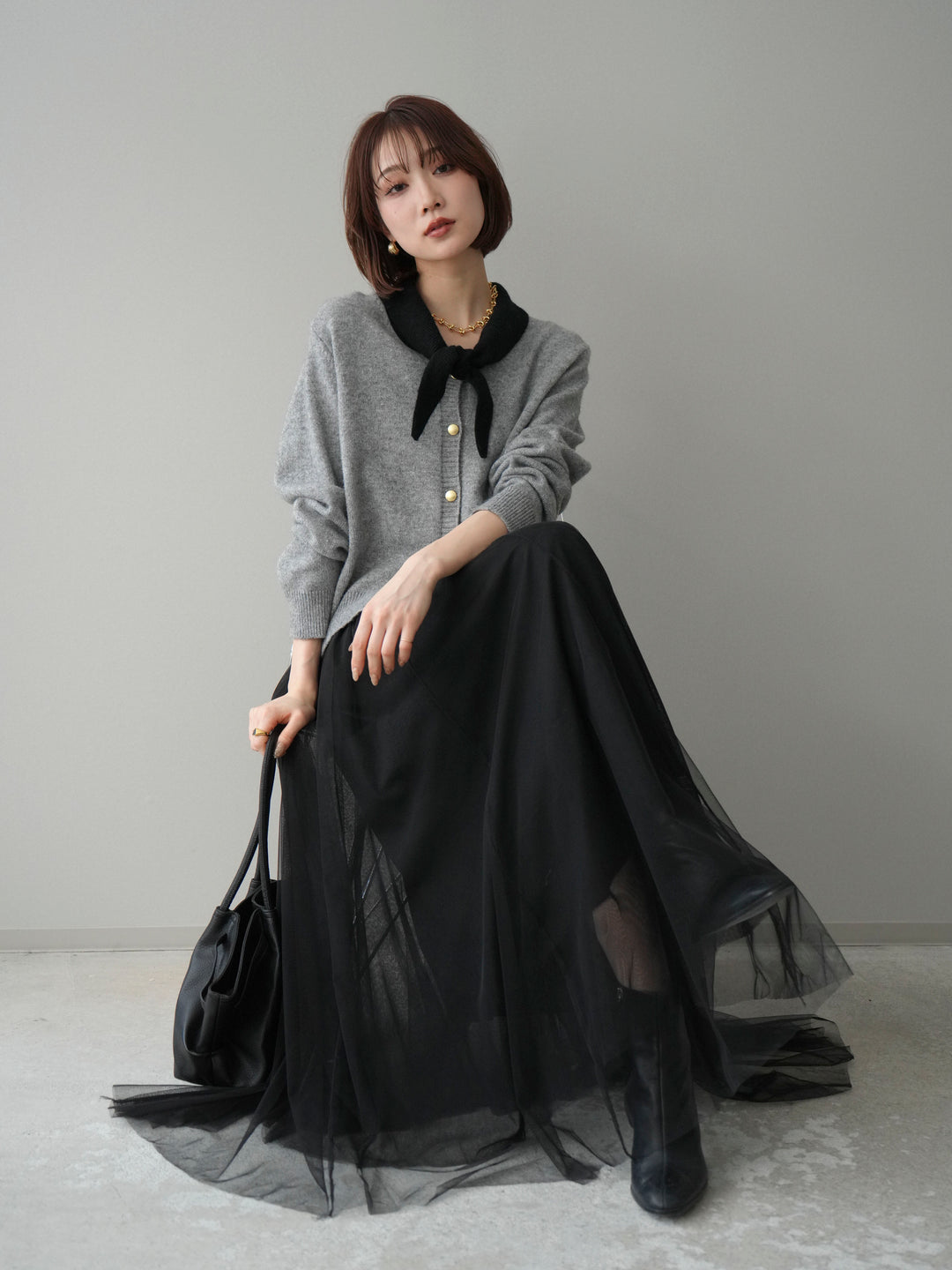 [予約]デザイン襟ニットカーディガン/gray