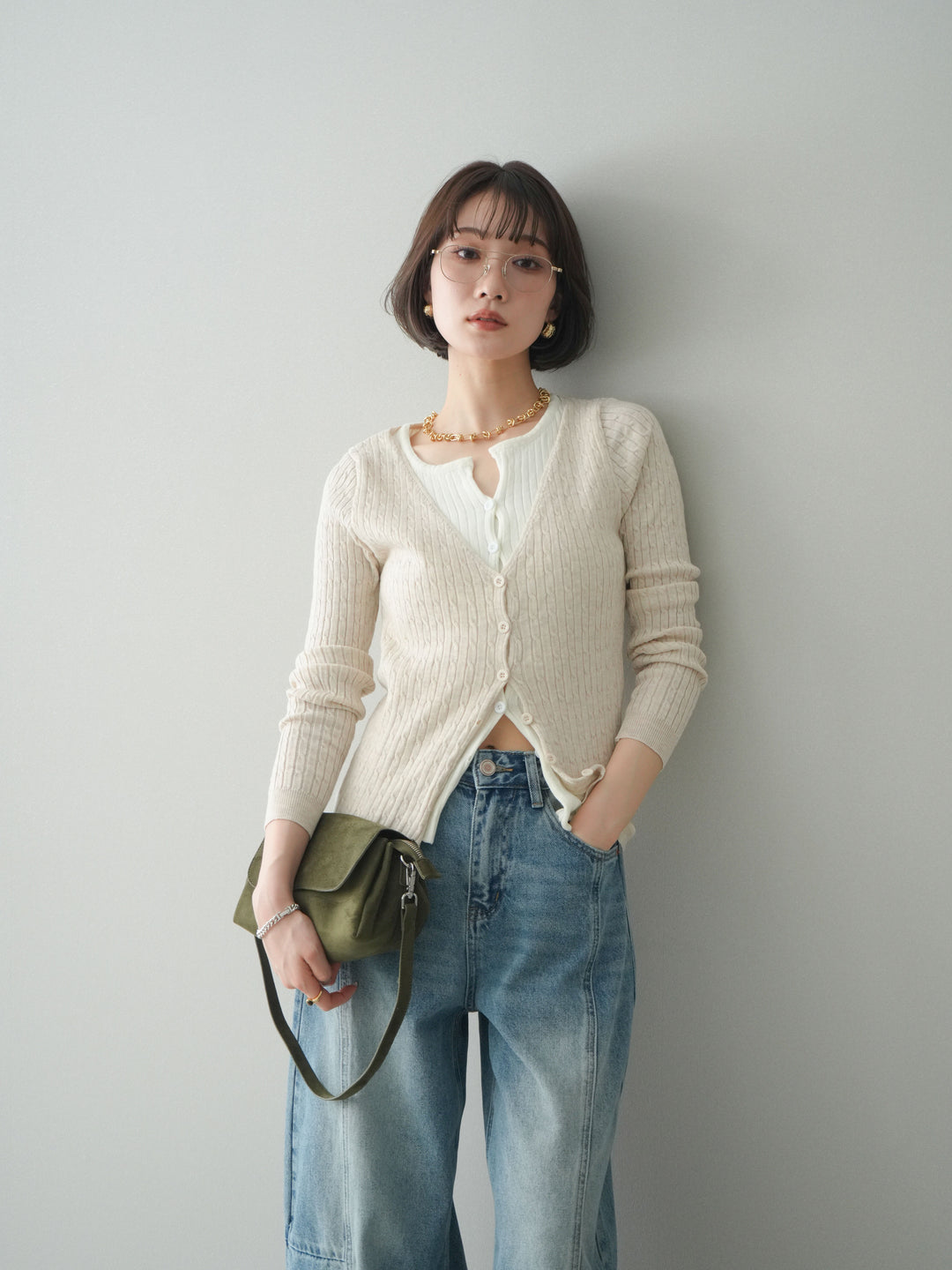 [予約]バイカラーレイヤードニットカーディガン/white