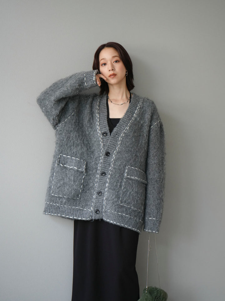 [予約]ステッチVネックニットカーディガン/グレー