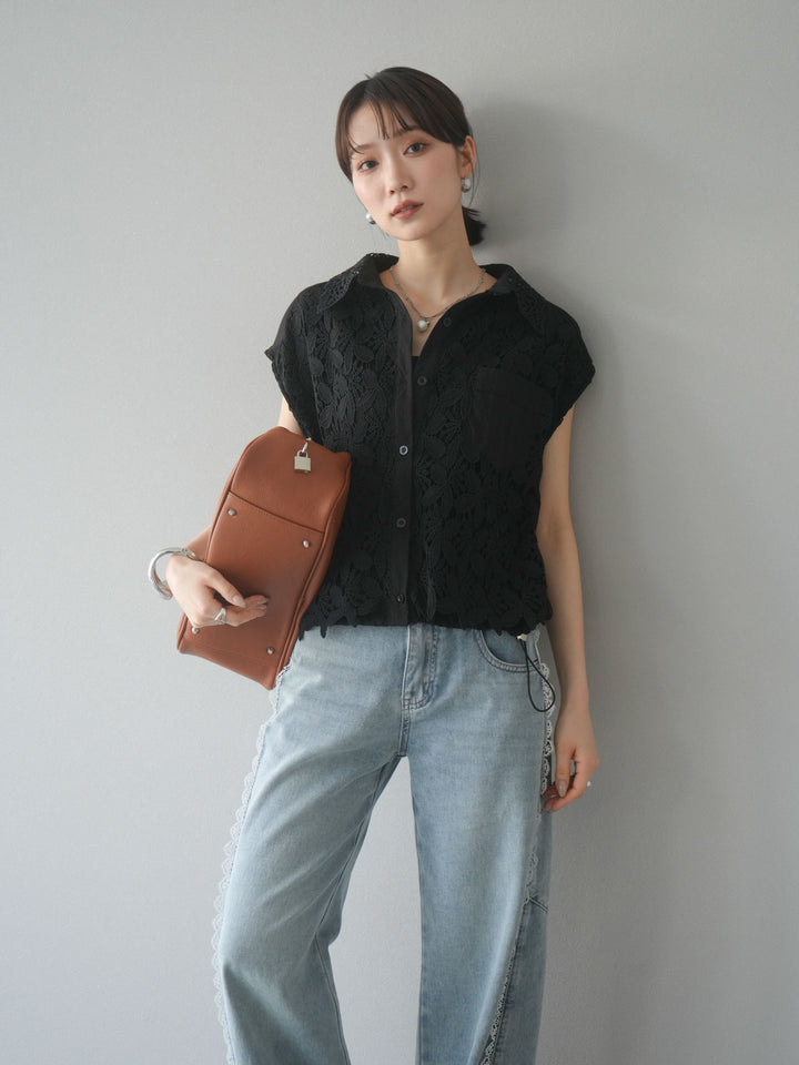 【預購】蕾絲分層抽繩襯衫/黑色