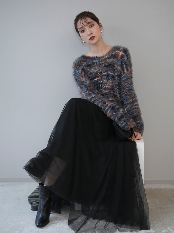 [予約]ミックスシャギールーズニットプルオーバー/blue