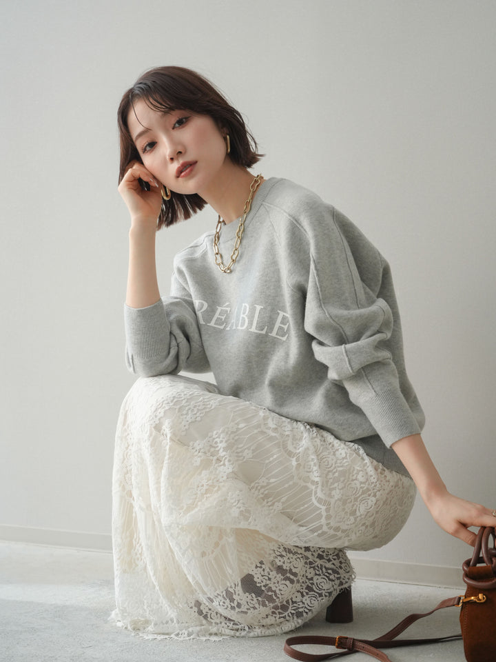 [予約]半ラバープリントロゴスウェットライクニットプルオーバー/mokugray