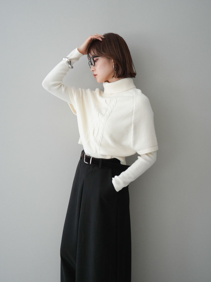 [予約]ケーブル編みタートルハーフスリーブニットアンサンブル/ivory