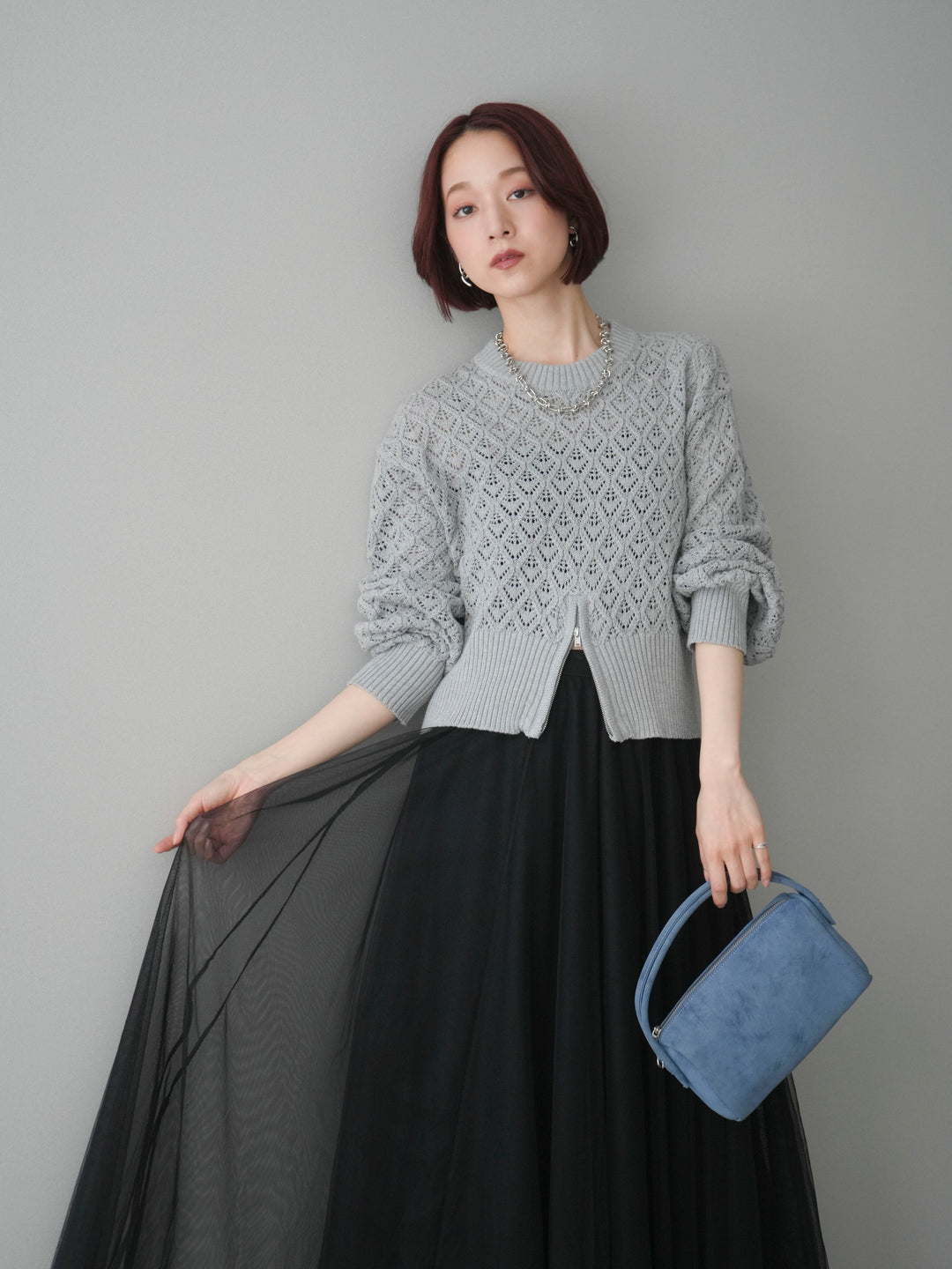 [予約]透かし編みフロントジップスリットニットプルオーバー/gray