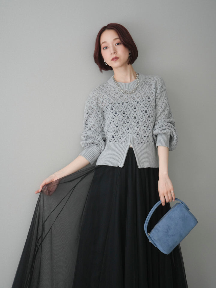 [予約]透かし編みフロントジップスリットニットプルオーバー/gray