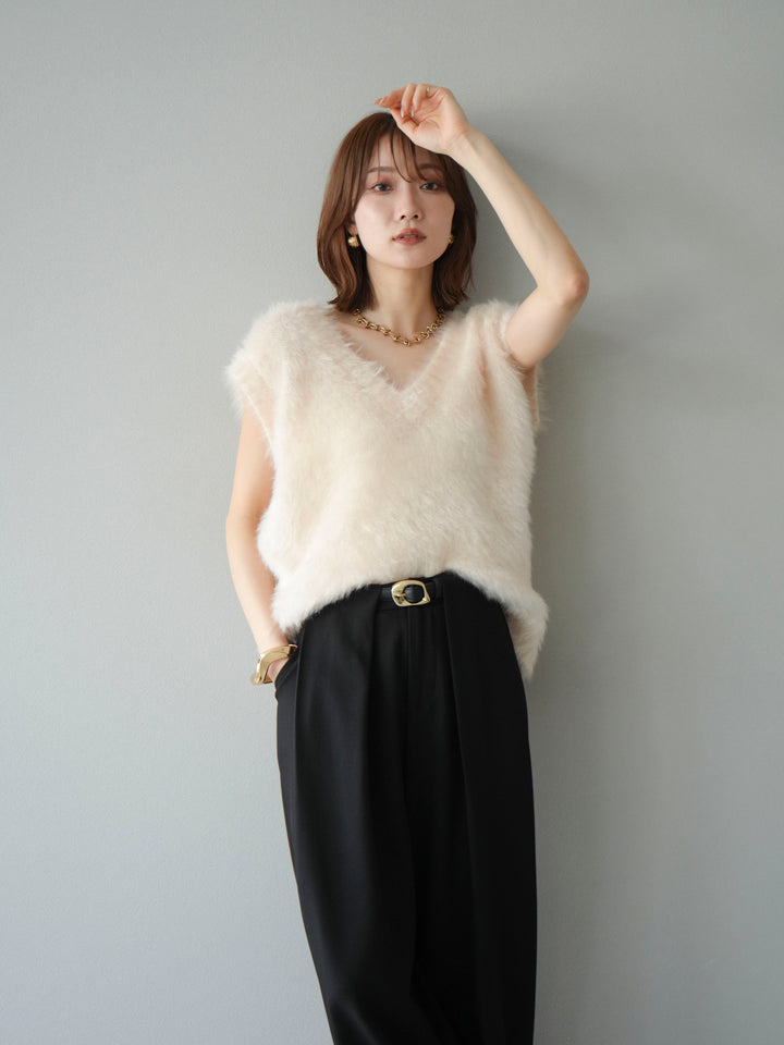 [SET]ラメシャギーVネックニットベスト+ベルトループデザインワイドパンツ(2set)