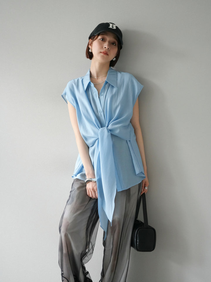 [SET] 前繫帶透視上衣 + 水彩藝術休閒褲 + 繩繡薄紗疊穿褲 (3 件套)