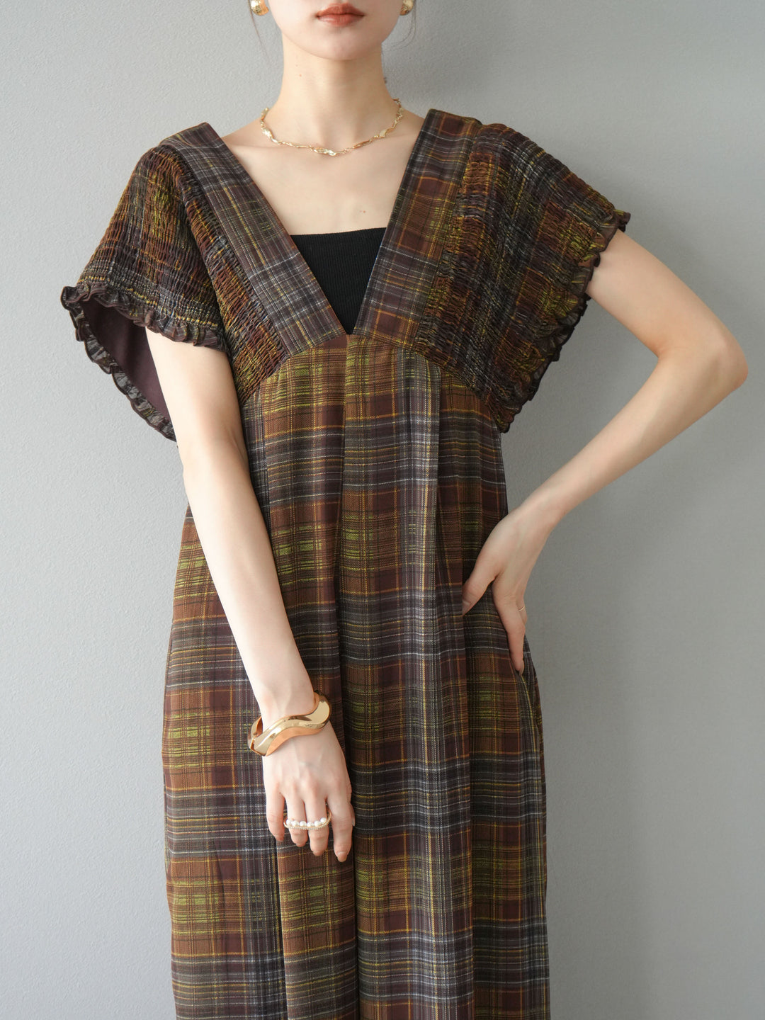 [予約]シアーチェックシャーリングサロペット/ブラウン