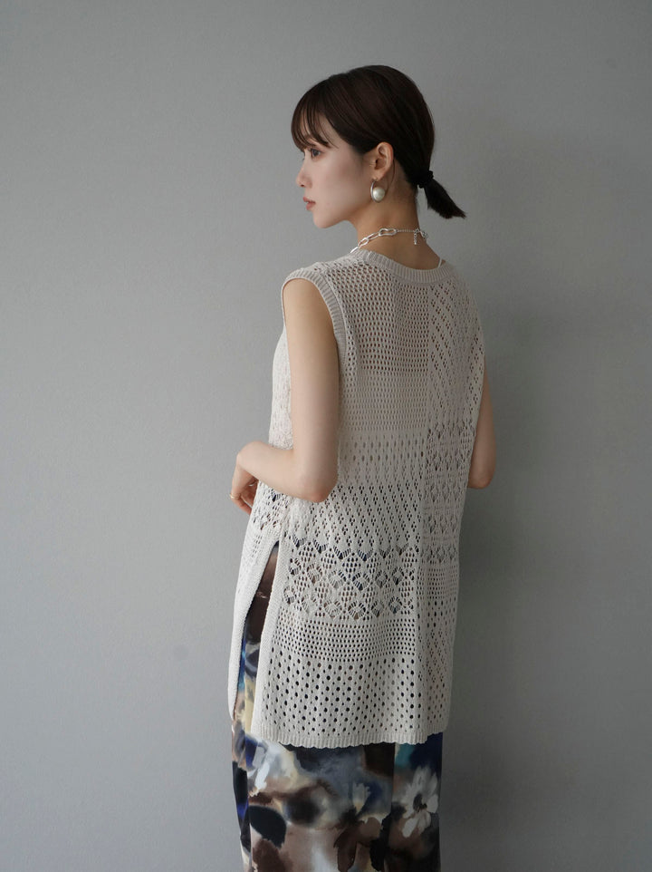 [Pre-order] Openwork side slit knit top/ivory