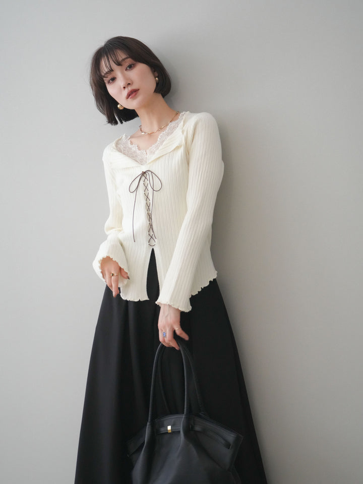 [予約]レースネックレースアップリブニットトップス/ivory