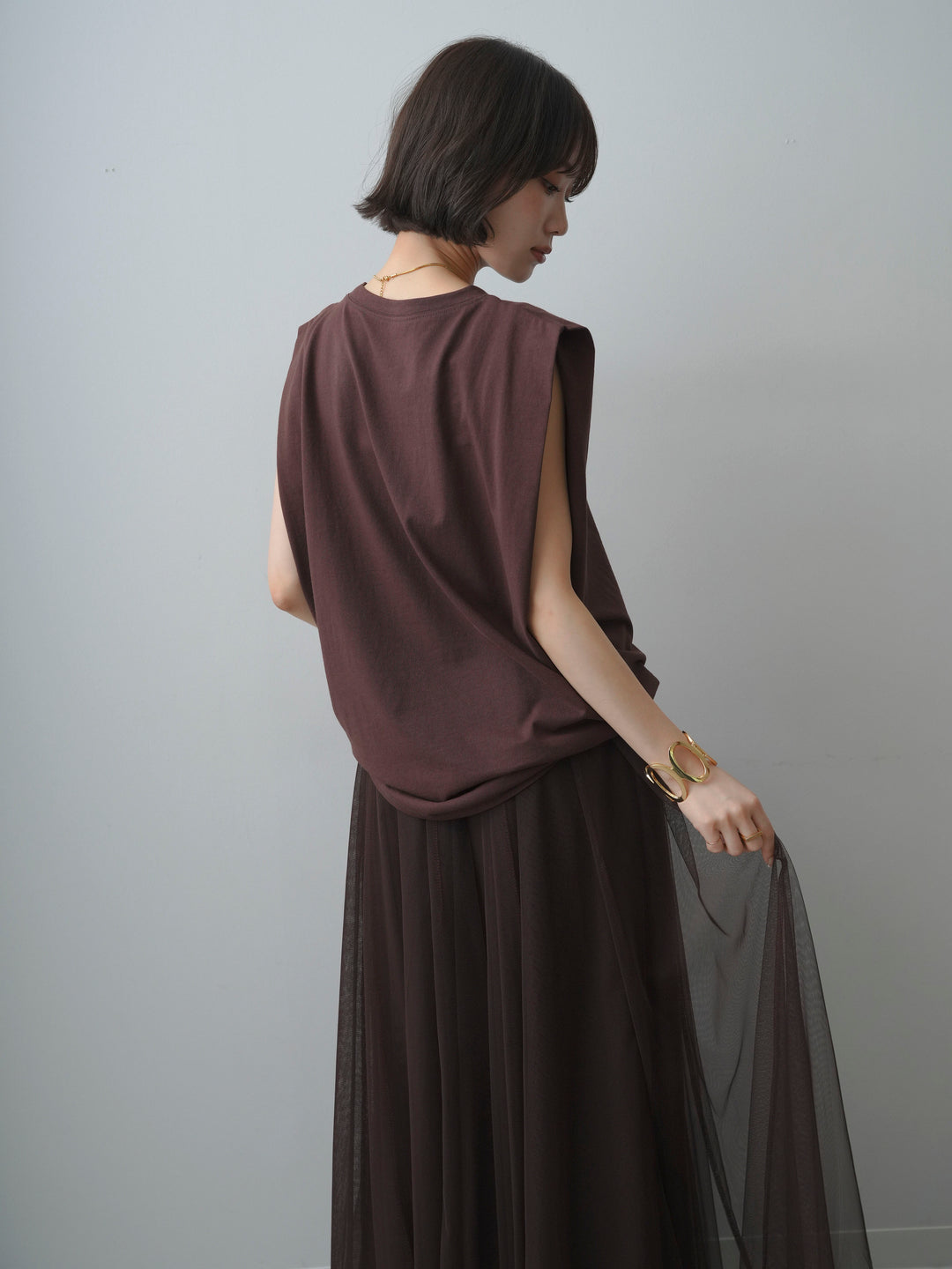 【套裝】肩部褶襉無袖寬鬆T卹+薄紗蓬蓬裙（兩件套）
