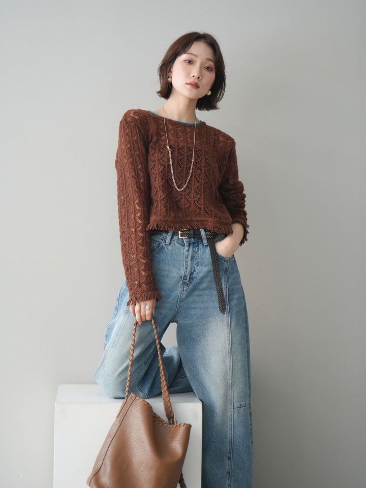 [予約]扇透かし編みクロップドニットプルオーバー/brown