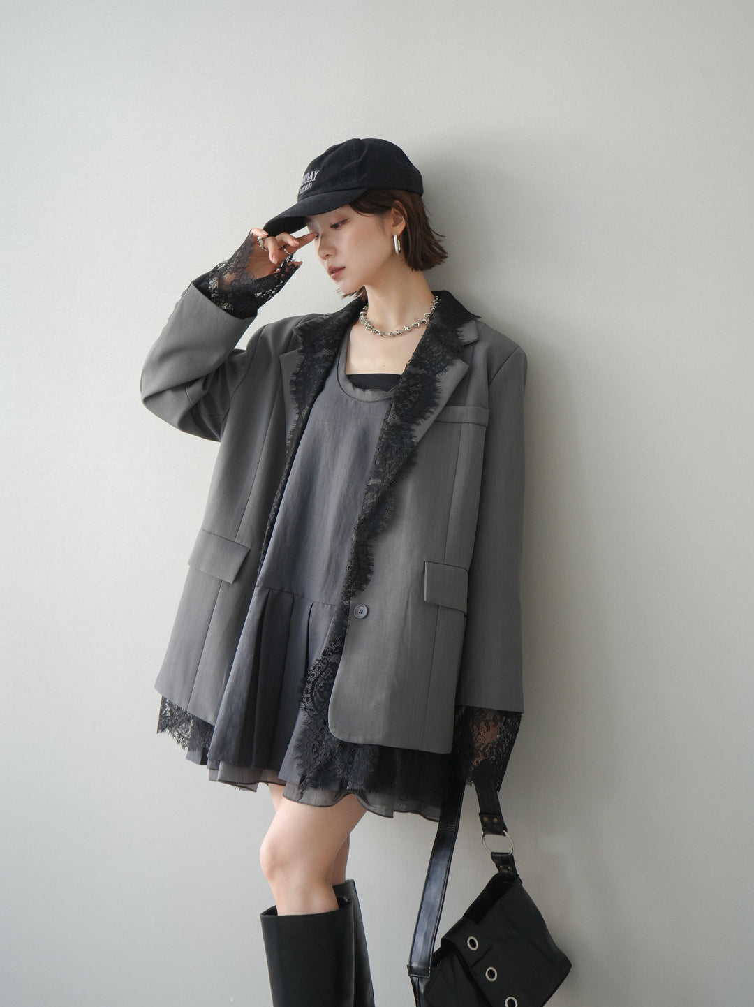 [予約]チュールドッキング裾プリーツミニワンピース/charcoal