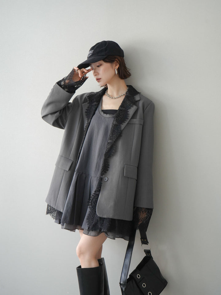 [予約]チュールドッキング裾プリーツミニワンピース/charcoal