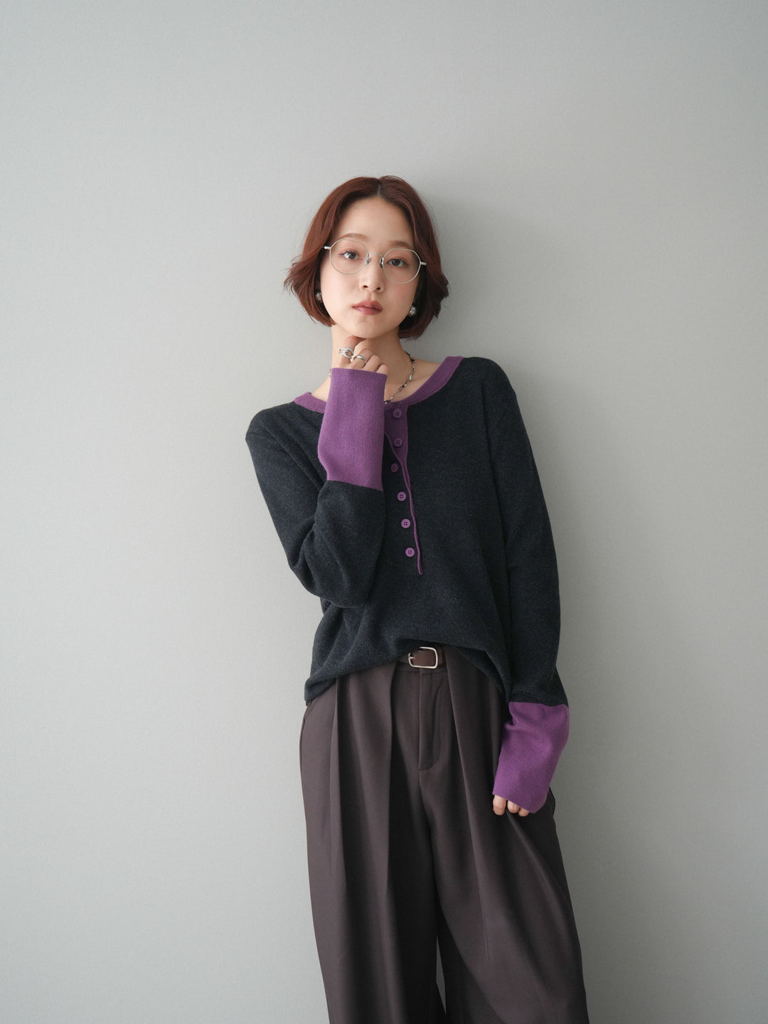 [SET]ヘンリーネック配色ニットソー+ベルトループデザインワイドパンツ(2set)