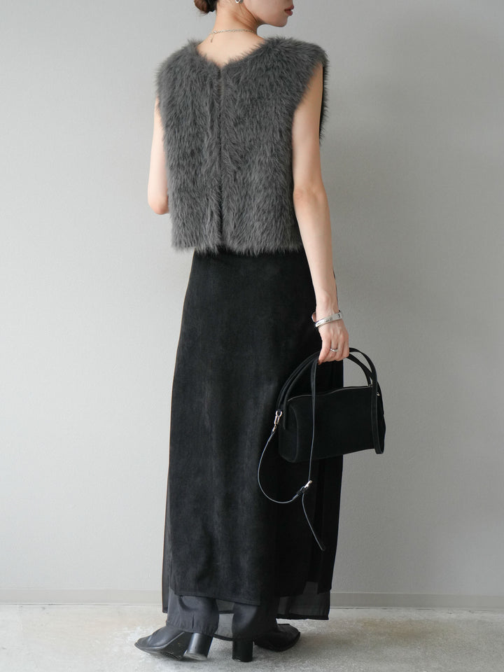[予約]サイドスリットスウェードドッキングシフォンスカート/ブラック