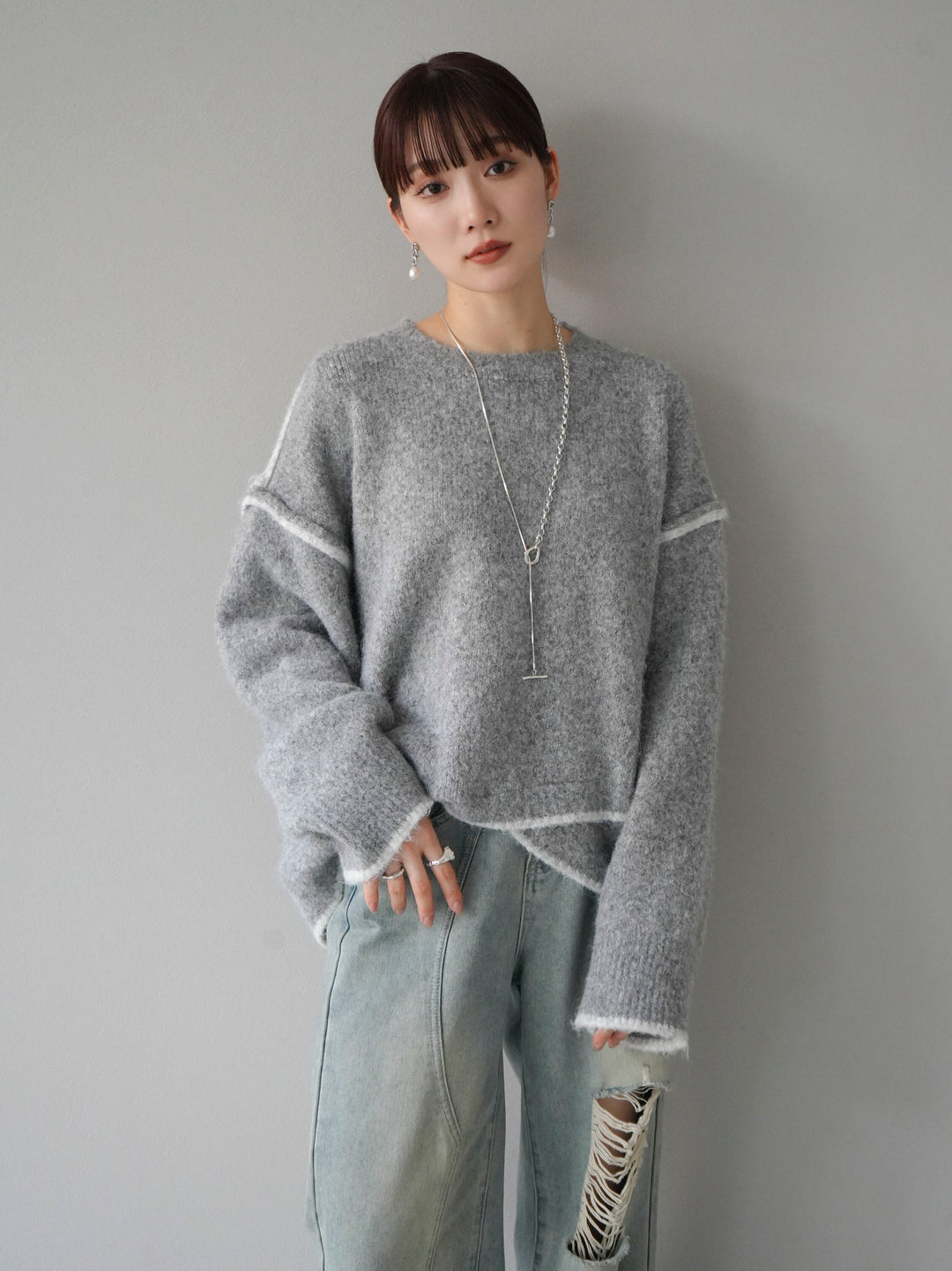 [預訂] 色彩協調針織套頭衫/灰色