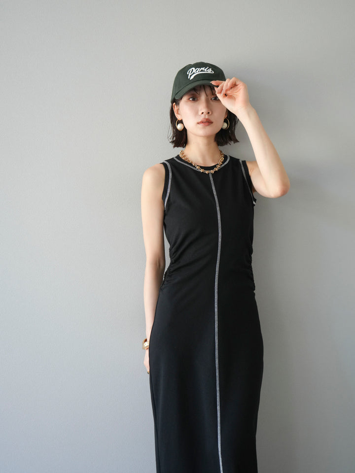 [予約]ウエストオープンステッチカットワンピース/ブラック