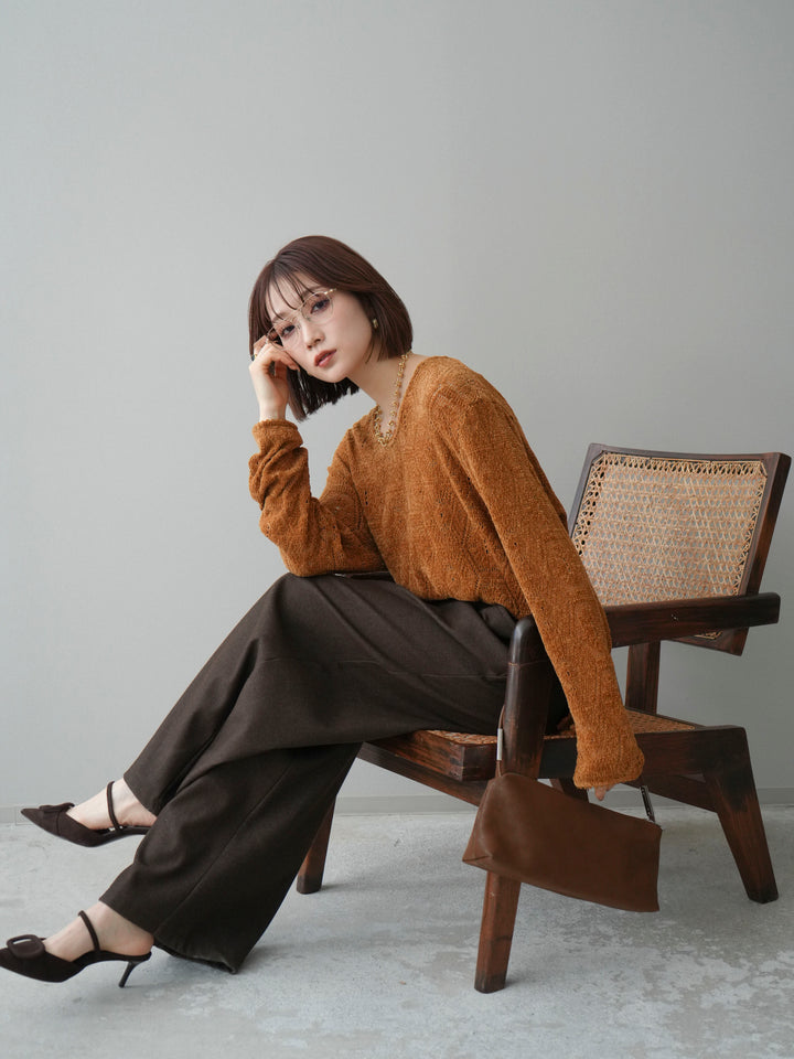 [予約]モール透かし編みニットトップス/camel