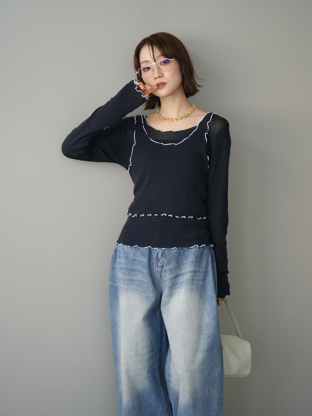[予約]バイカラーメローアンサンブルシアーニットトップス/navy