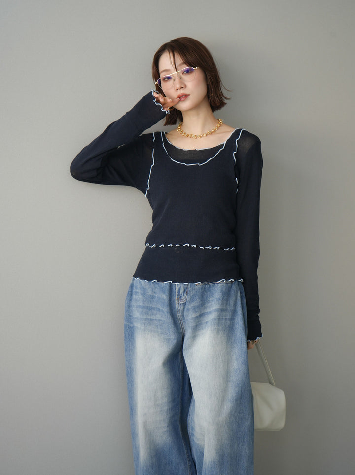 [予約]バイカラーメローアンサンブルシアーニットトップス/navy