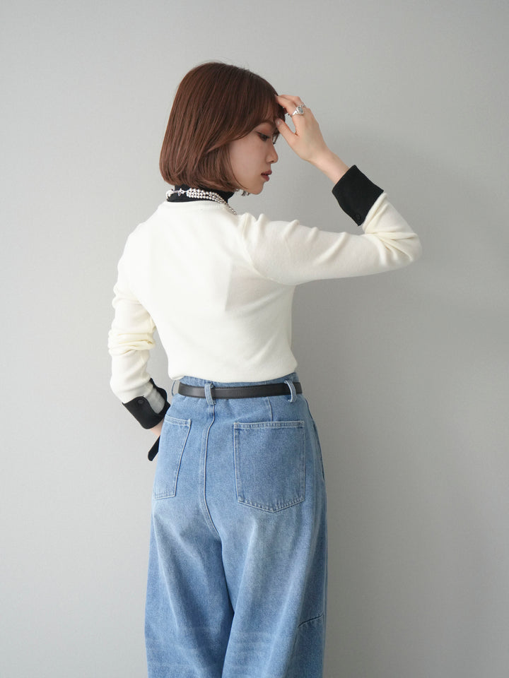 [予約]バイカラーレイヤードデザインタートルニットトップス/offwhite